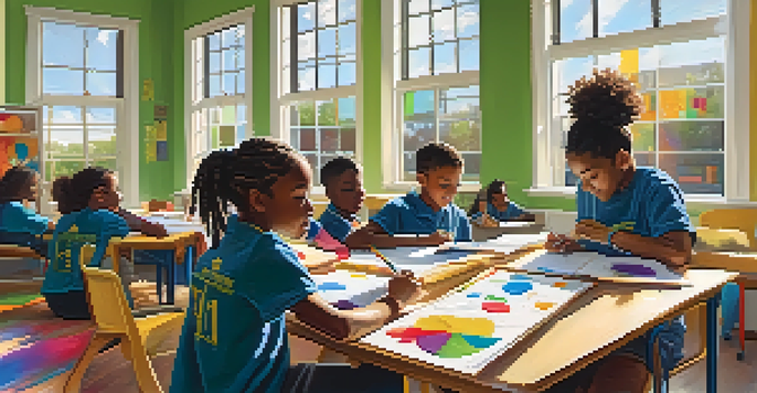 A classroom with diverse students working on projects, with sunlight shining through the windows.