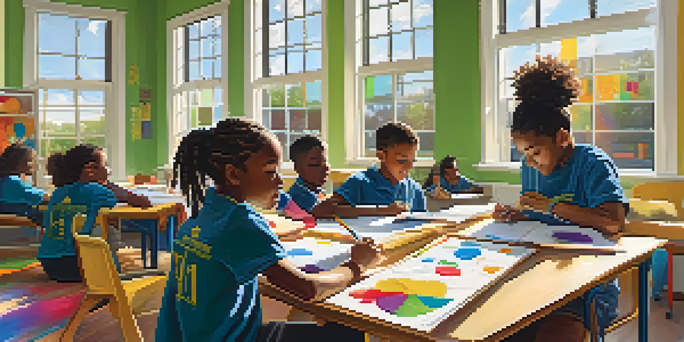 A classroom with diverse students working on projects, with sunlight shining through the windows.