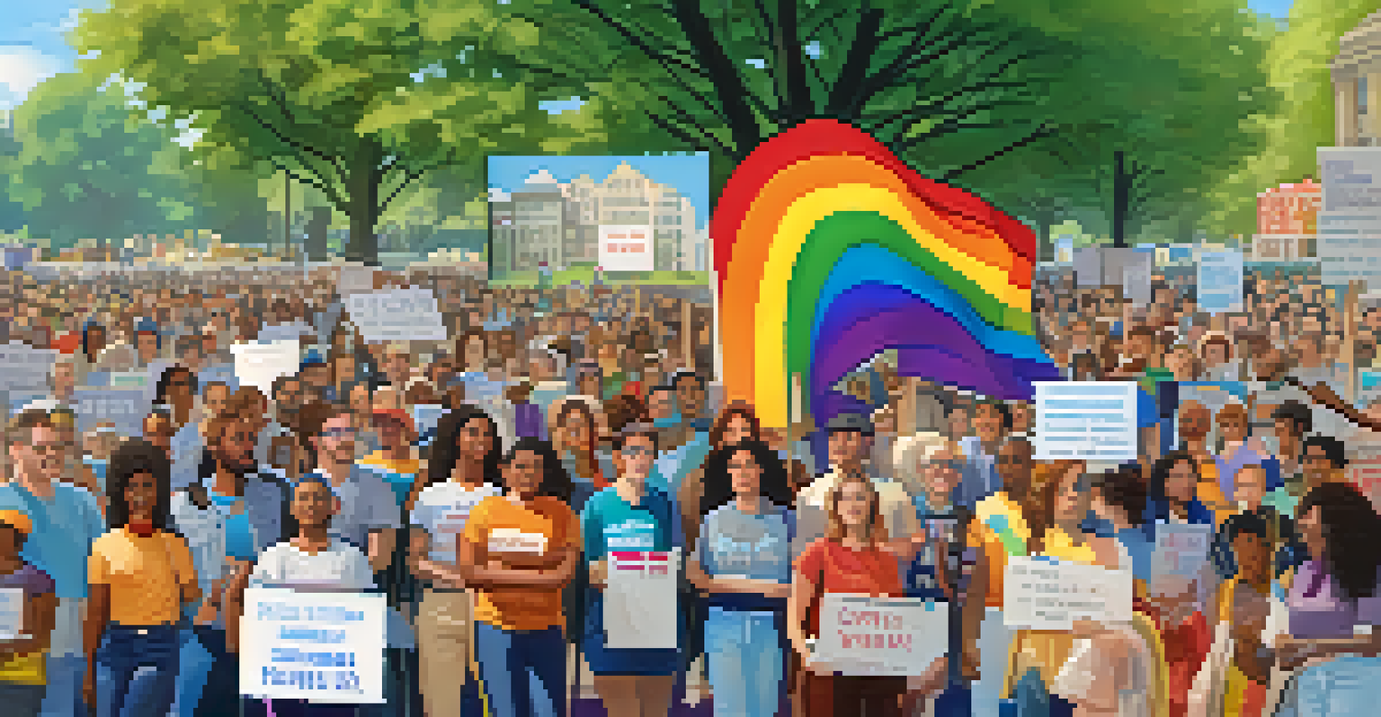 A community rally for LGBTQ+ rights in a park, with participants holding colorful signs and banners, expressing unity and determination.