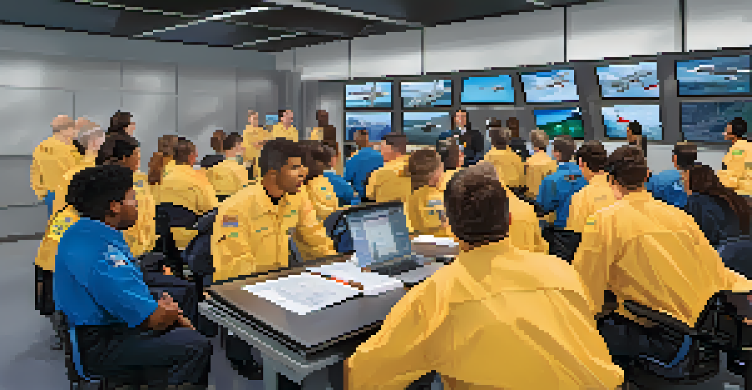 A close-up of a diverse group of trainees in an aviation safety training session, with instructors and advanced technology displays.