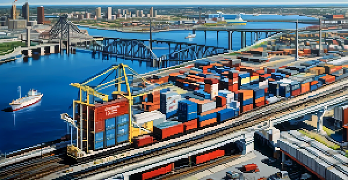 A busy urban landscape in Jacksonville with highways, a train, cargo ships, and the skyline in the background.