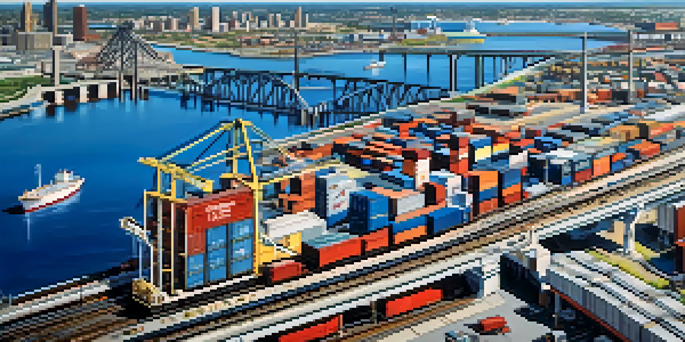 A busy urban landscape in Jacksonville with highways, a train, cargo ships, and the skyline in the background.