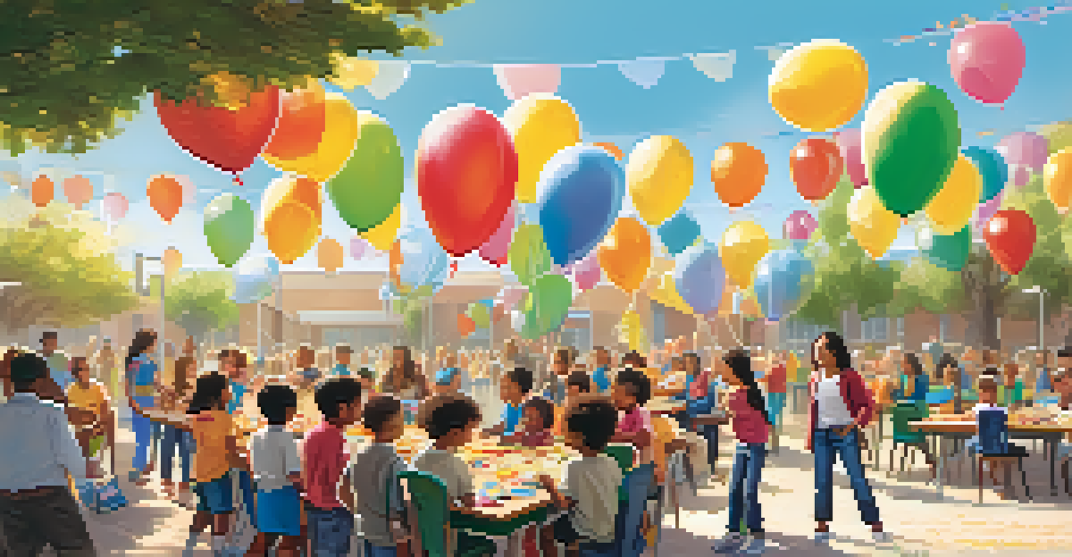 A schoolyard filled with families and children enjoying an educational event, with decorations and a sunny atmosphere.