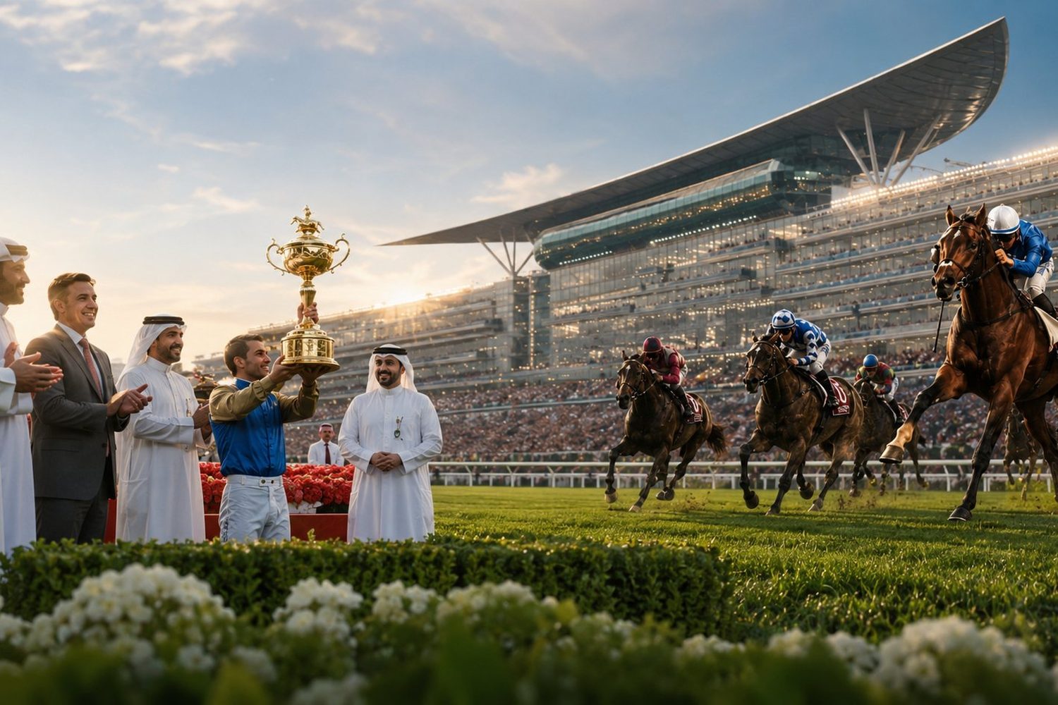 Horses racing at Meydan under the Dubai World Cup sonic identity