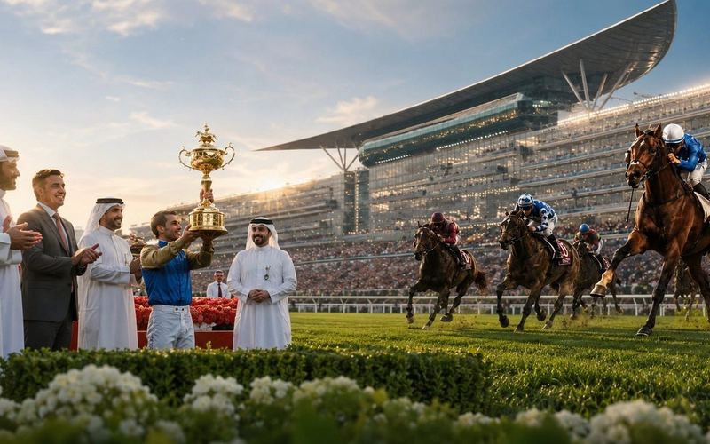 Horses racing at Meydan under the Dubai World Cup sonic identity