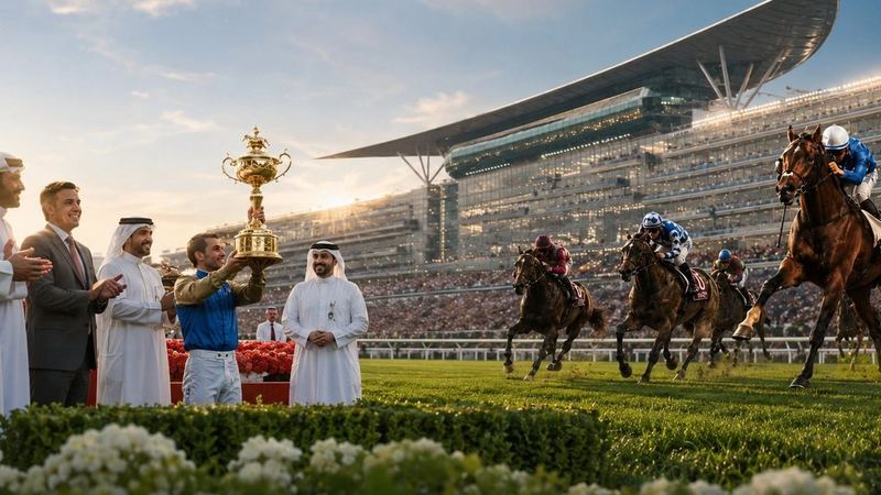 Horses racing at Meydan under the Dubai World Cup sonic identity