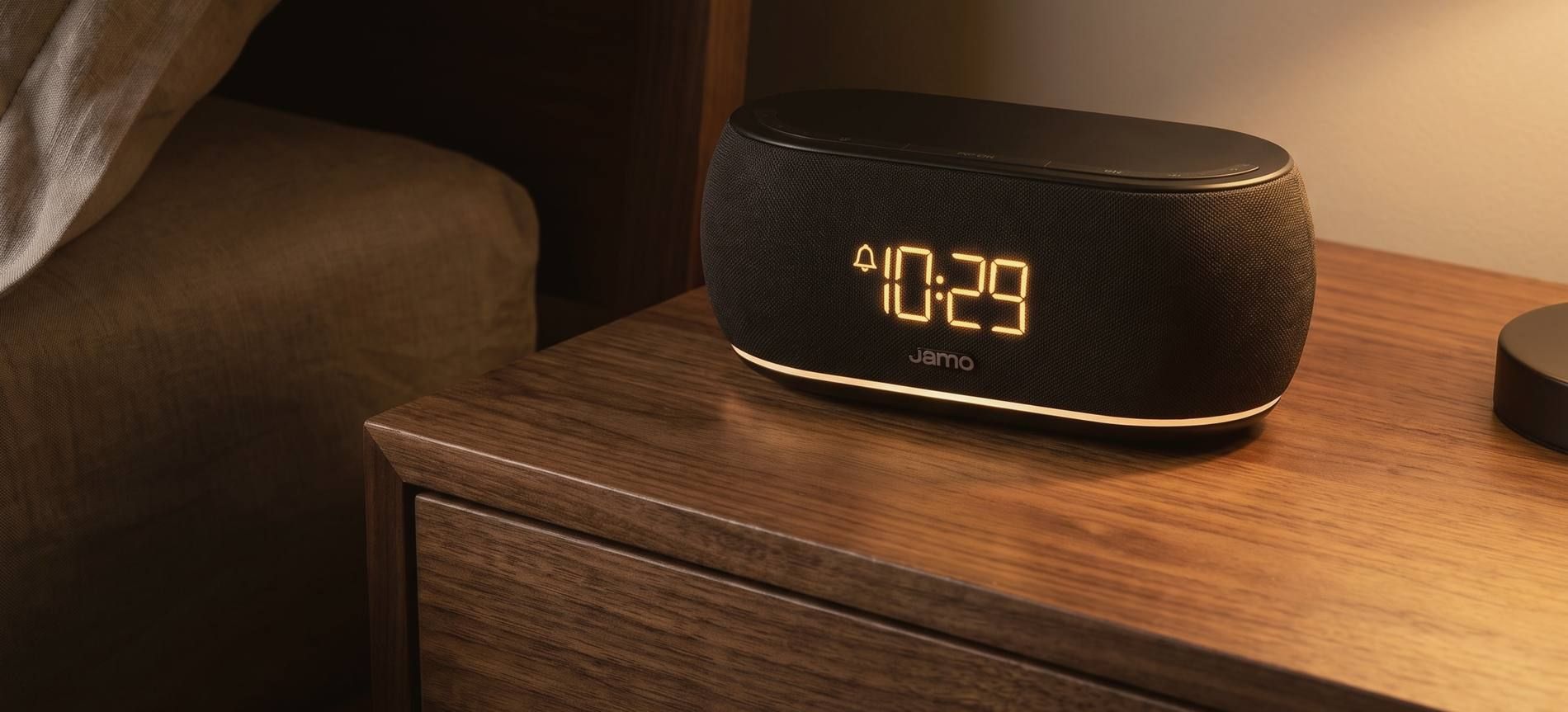 A Jamo HYG Reflect on a walnut nightstand at night