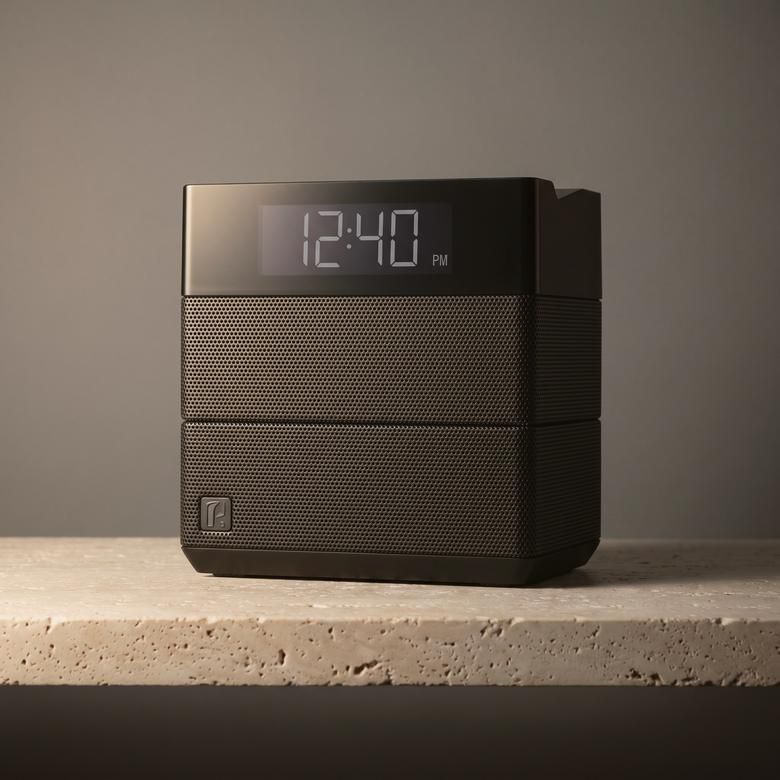 A Soundfreaq Sound Rise II in black on travertine, also made in a lighter finish