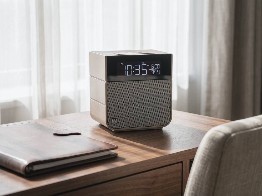 A Soundfreaq Sound Rise II on a writing desk in daylight