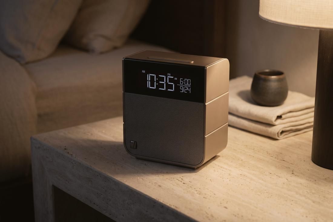 A Soundfreaq Sound Rise II on a stone console beside a lamp at night