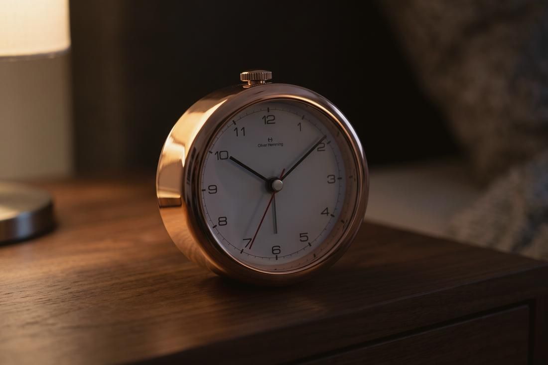 An Oliver Hemming Desire clock in rose gold on a walnut surface under lamplight