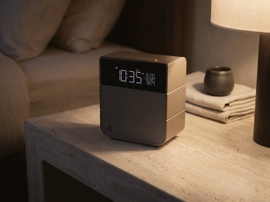 A Soundfreaq Sound Rise II on a stone console at night