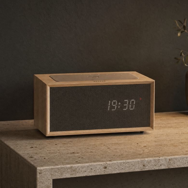A Geneva Time digital in oak on a travertine console, also made in black