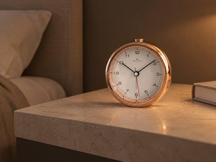 An Oliver Hemming Desire clock in rose gold on a limestone bedside table in a hotel room in the evening