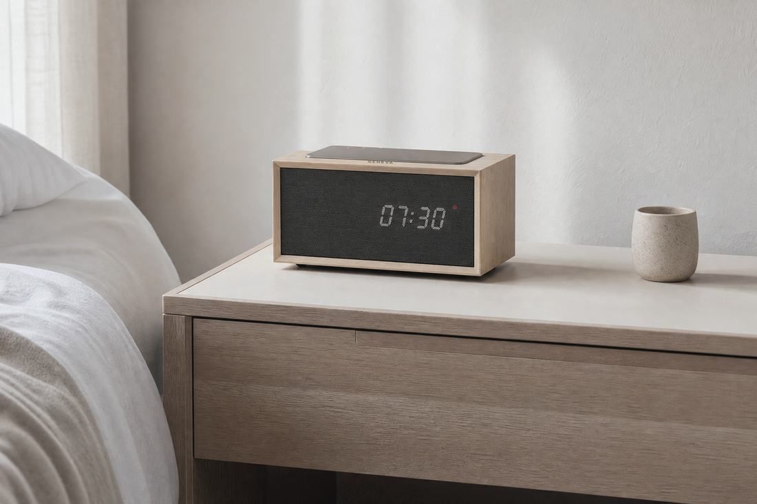 A Geneva Time digital in oak on a bedside table beside a bed in morning daylight