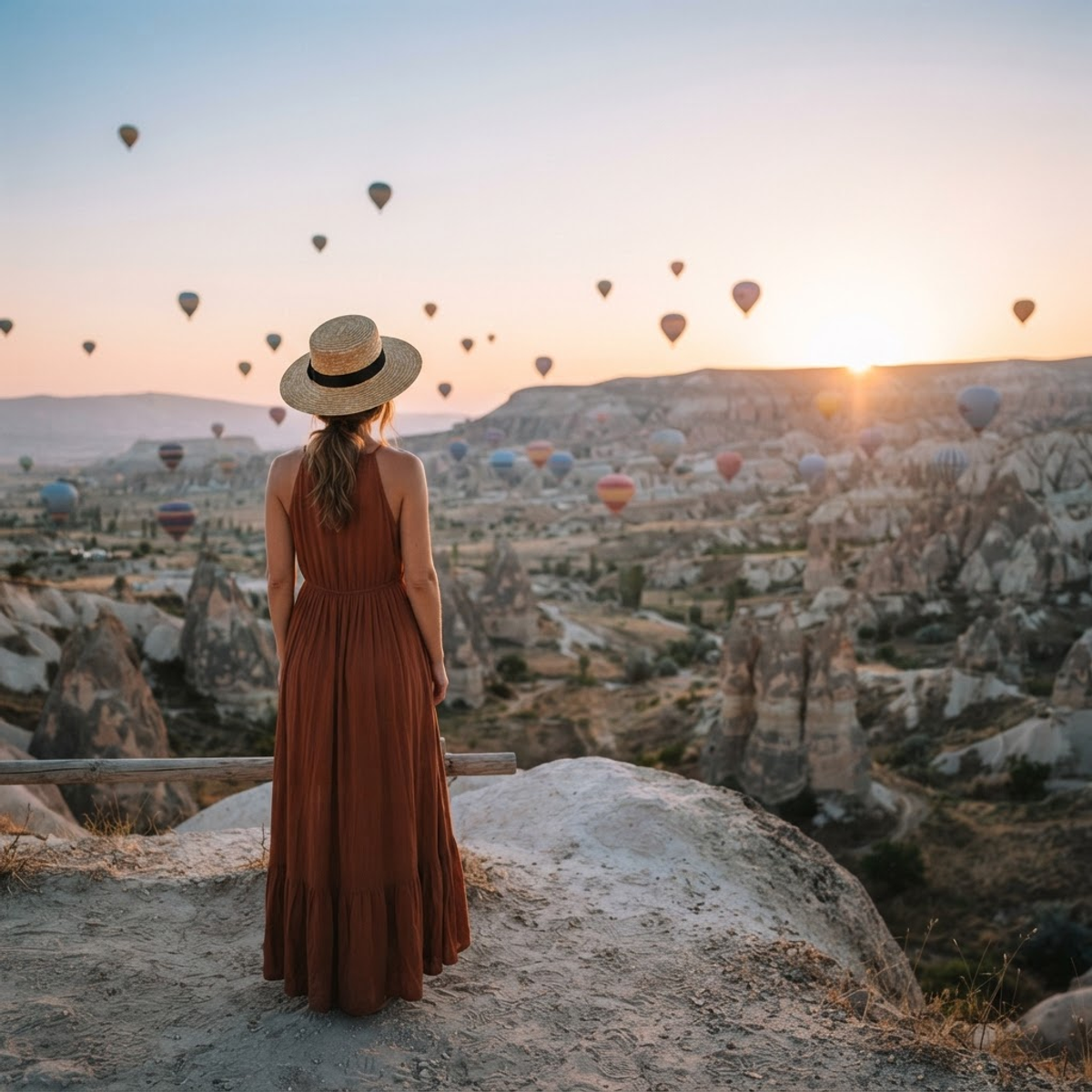 Traveler looking out over a valley of hot air balloons