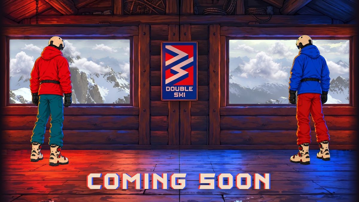 Two skiers looking out of a mountain cabin