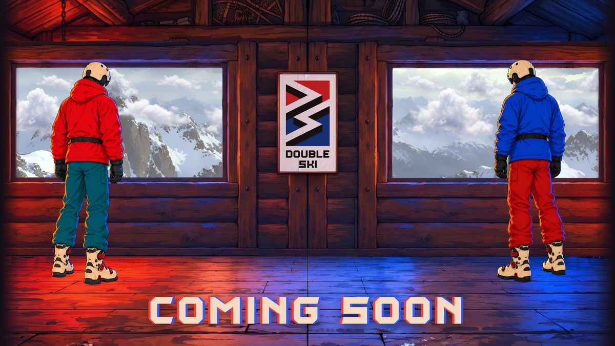 Two skiers looking out of a mountain cabin