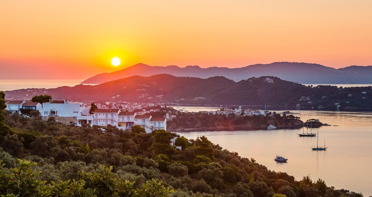 Sunrise from Skiathos town, Skiathos island, Greece