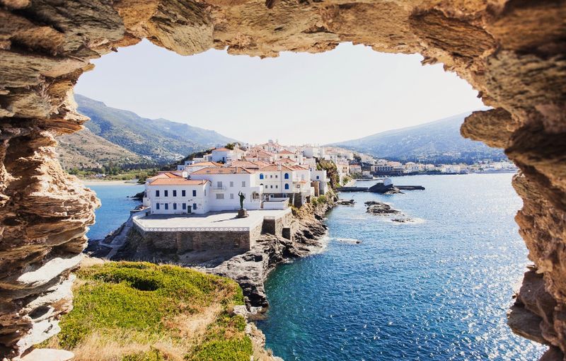 Andros island, Greece. Traditional village and coastline.