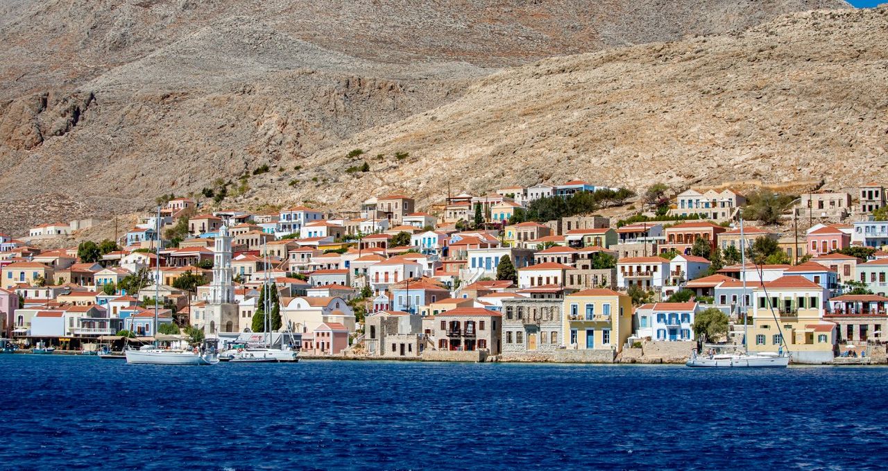Beautiful Chalki town center on Chalki island, Dodecanese