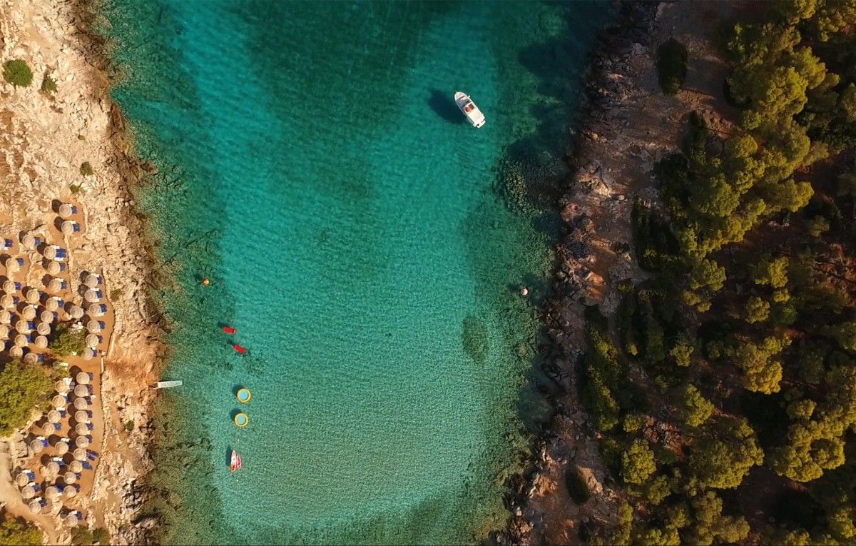 Aerial drone photo of Agistri island with clear water beaches, Saronic Gulf, Greece