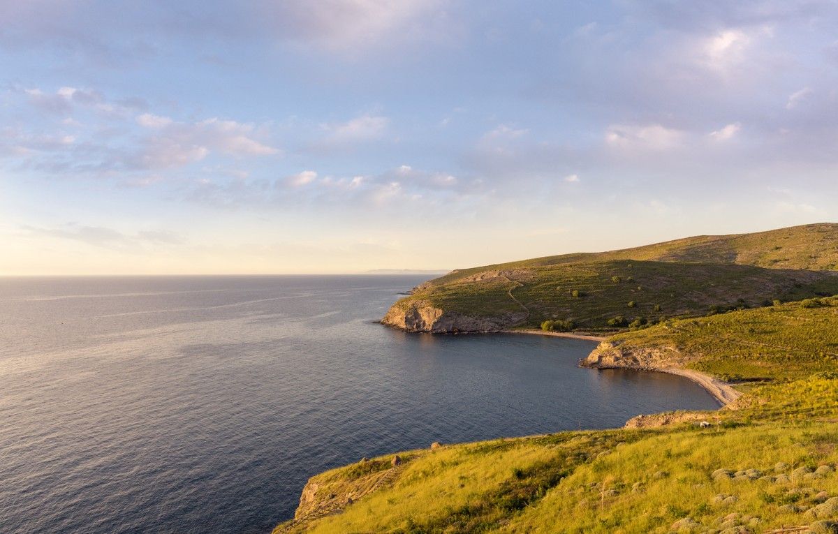 Amazing scenery by the sea in Agios Efstratios island, in the dusk