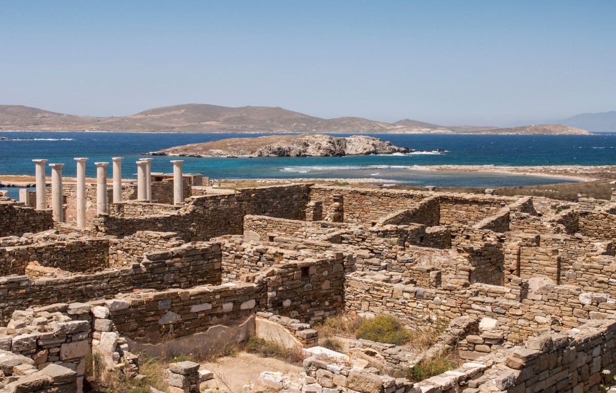 Delos island, Greece. Ancient ruins and Terrace of the Lions.
