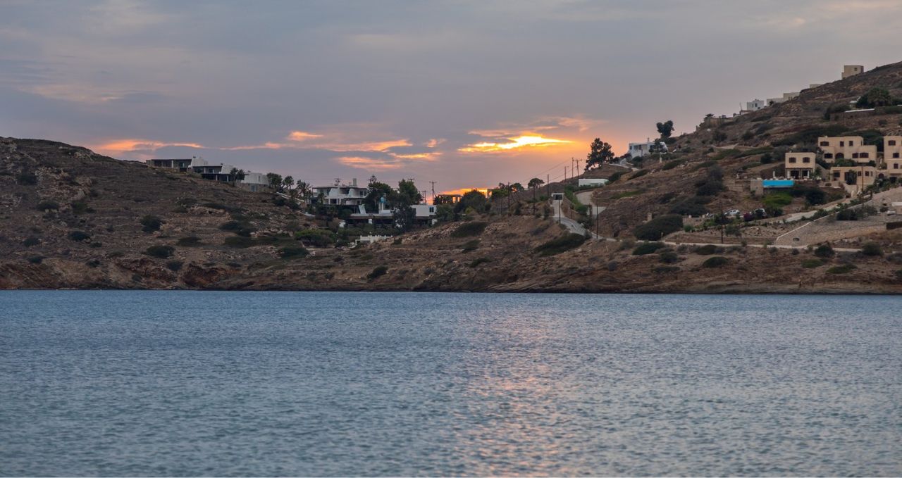 View of the buildings in Paralia Gialos, Ios, Greece.