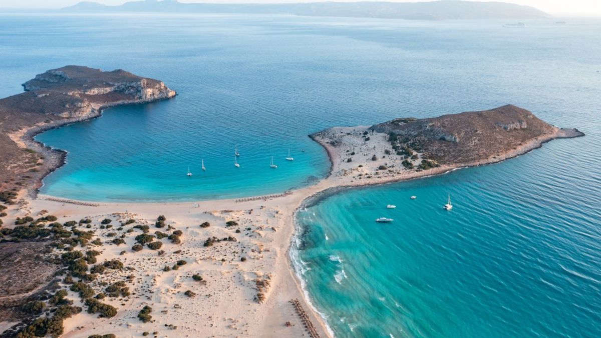 Elafonisos Greek island, Simos sandy beach, aerial drone view. Peloponnese. Greece.