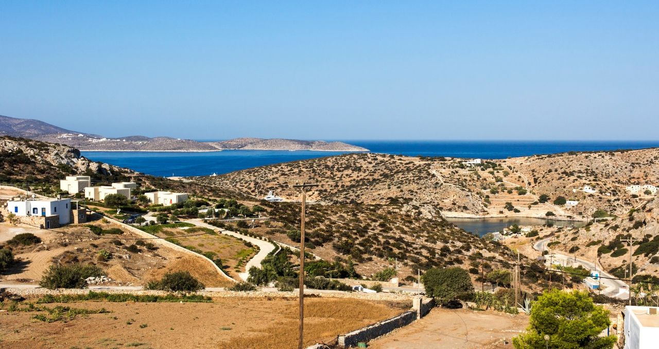 Schinoussa island, panoramic view from Chora village situated uphill from the port - Lesser Cyclades, Greece