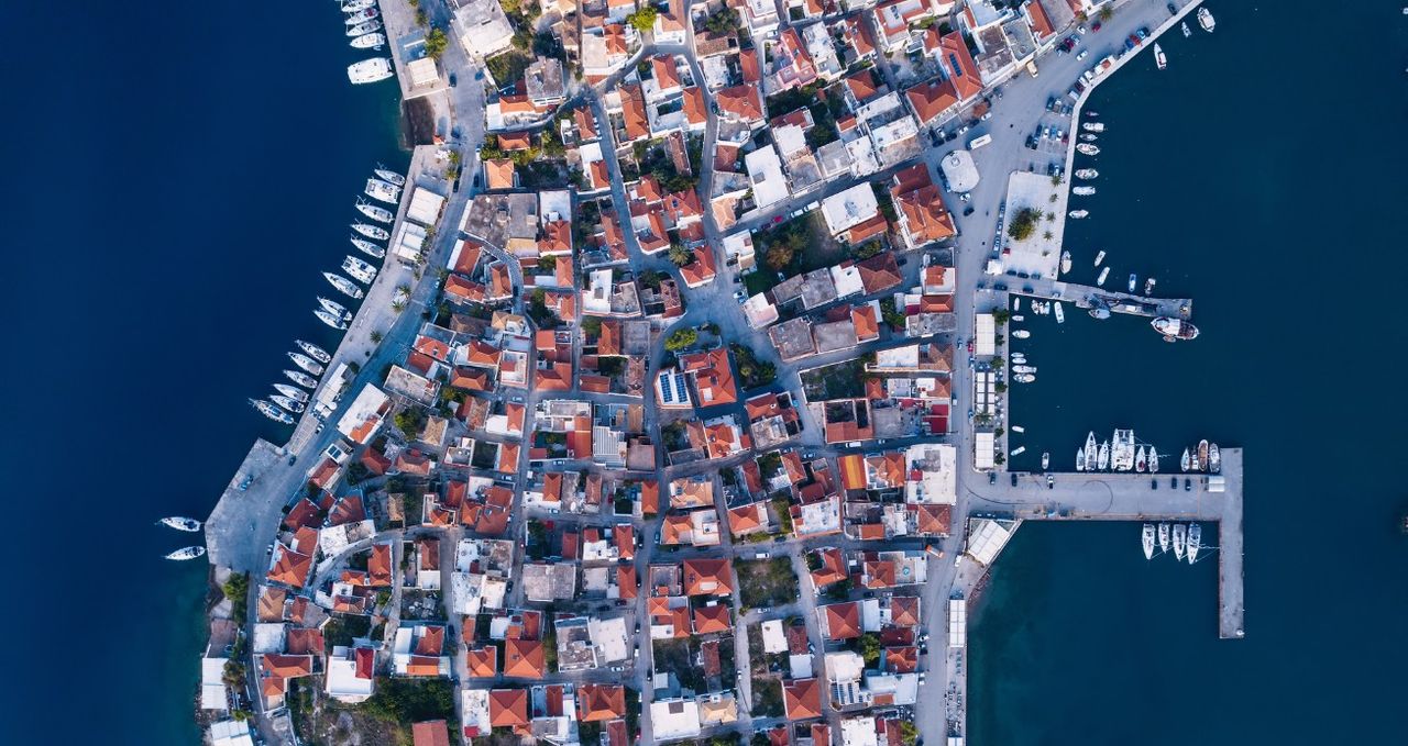 Aerial view of Ermioni harbors, Aegean sea, Greece.