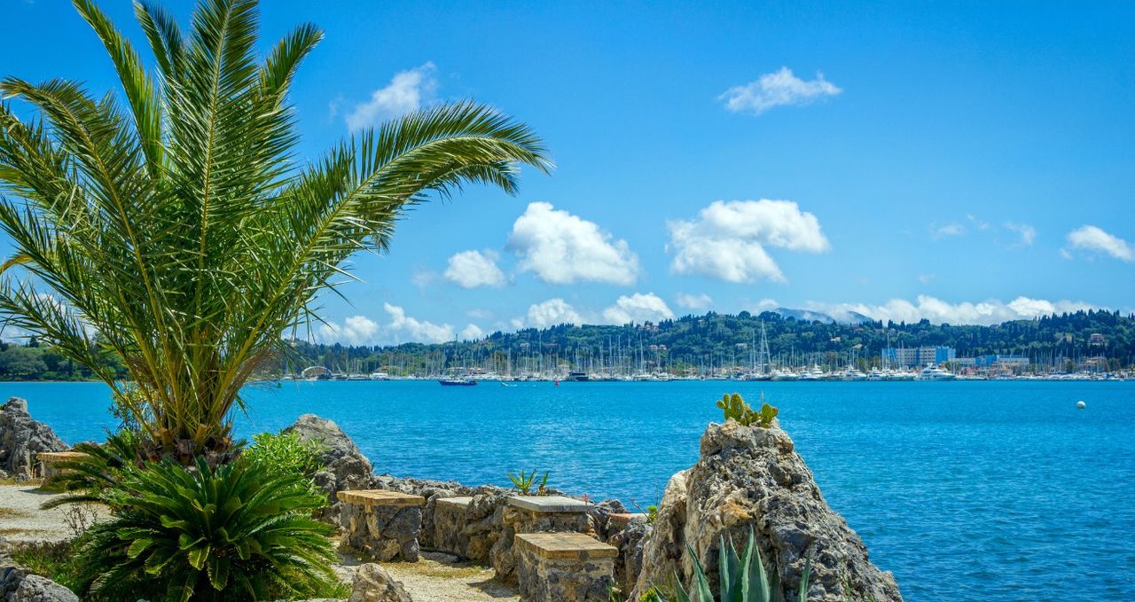View of beautiful Gouvia Bay and port marina with yachts