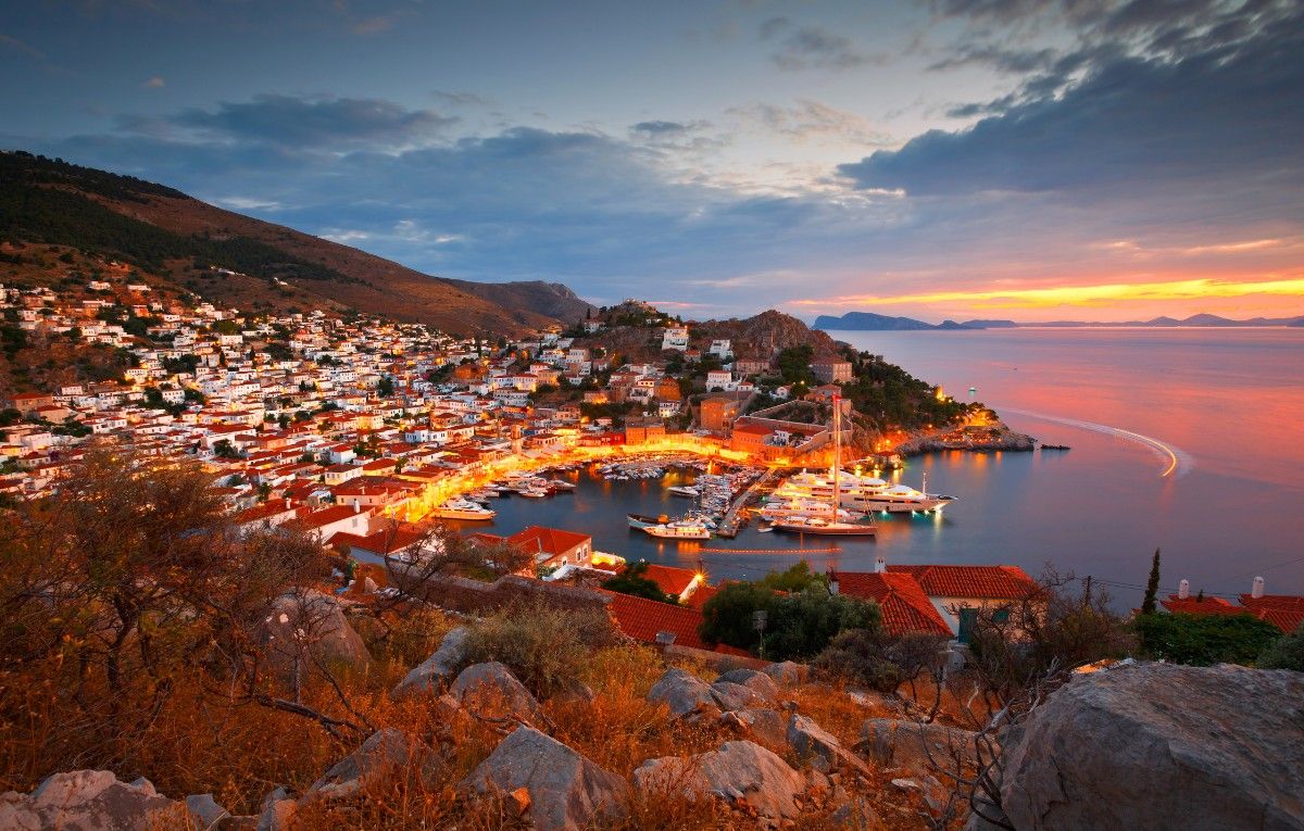 Evening view of Hydra town and its harbour - Hydra, Greece