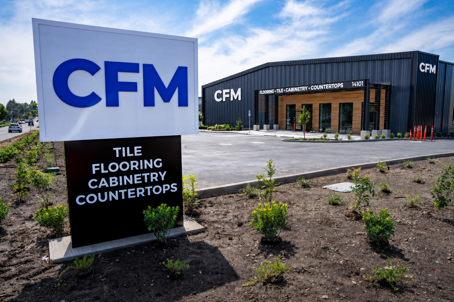 Photo illustration of CFM’s new Tigard showroom, featuring white CFM signs on the dark metal exterior and a large roadside monument sign in the foreground.