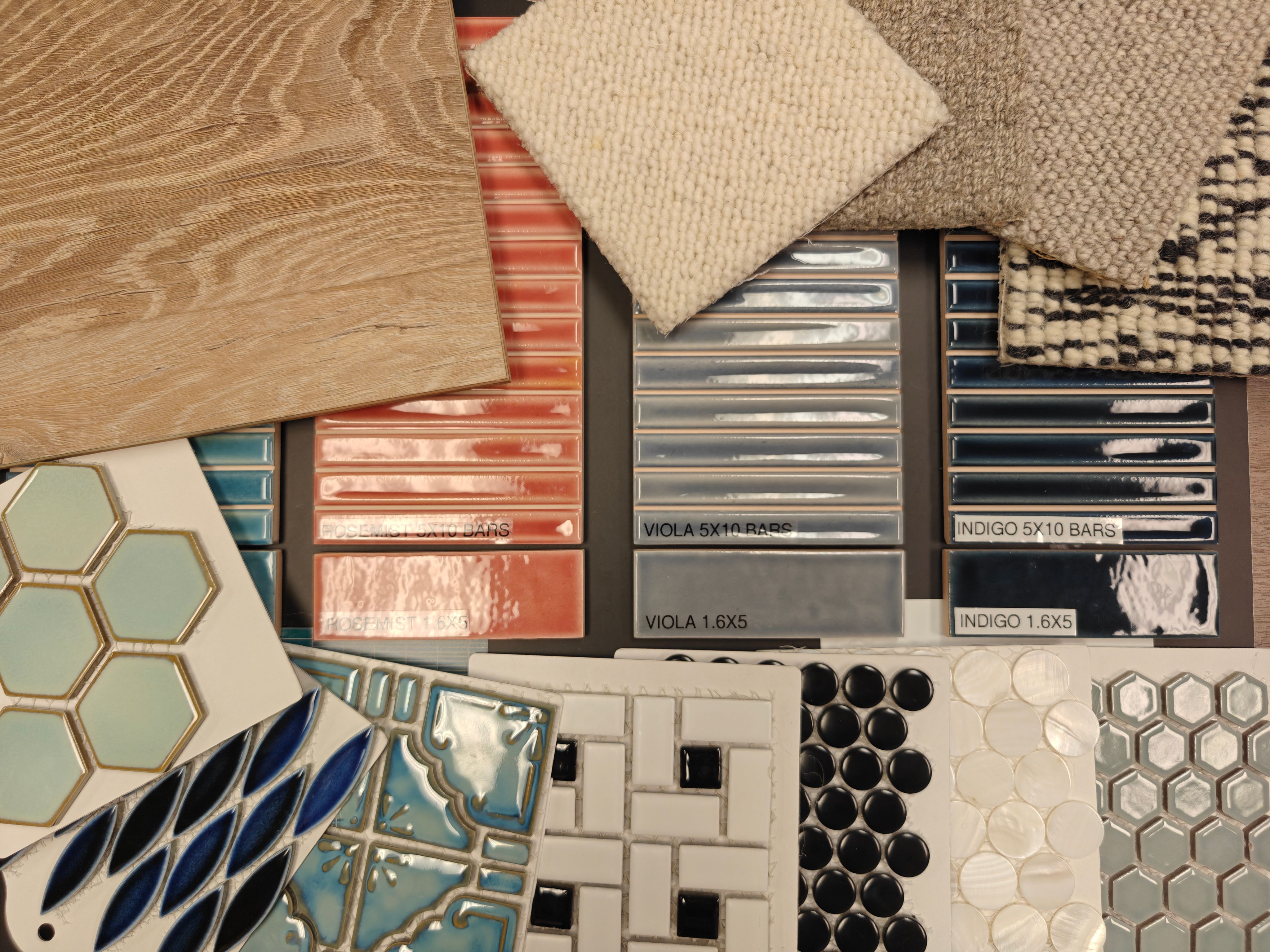 A collage of design materials including tile, carpet, lvt