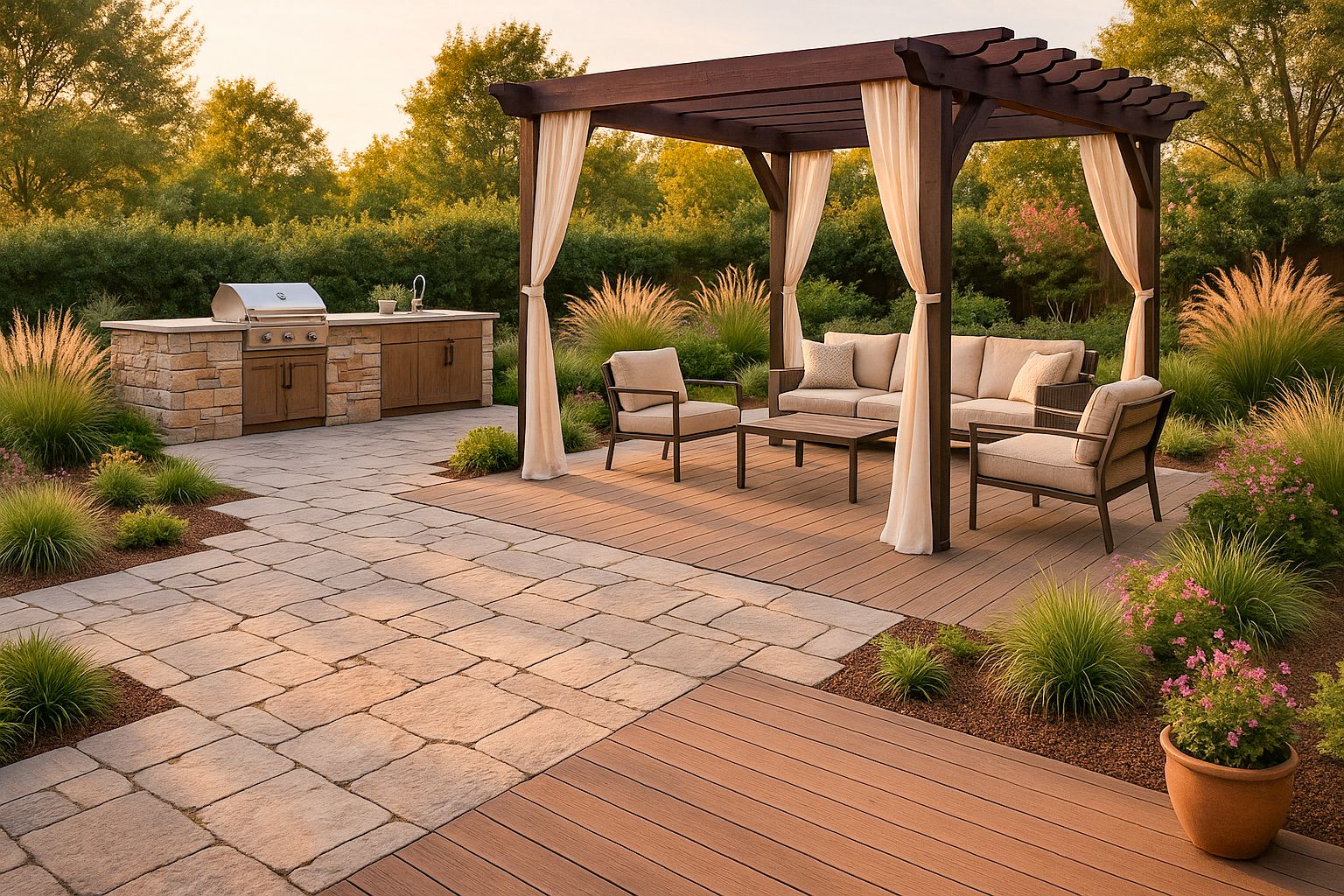 Learn how to choose the right materials for outdoor living spaces — from weatherproof tile and pavers to durable cabinetry, countertops, and outdoor rugs. Tips for every climate