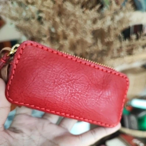 กระเป๋าหนังแท้ฟอกฝาดอิตาลีสีน้ำตาลธรรมชาติ ทรงยาวซิปรูด สำหรับใส่เหรียญและบัตร งานแฮนด์เมด - 02