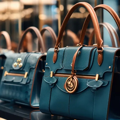 กระเป๋าถือสีน้ำเงินเข้มหลายใบในร้านค้า