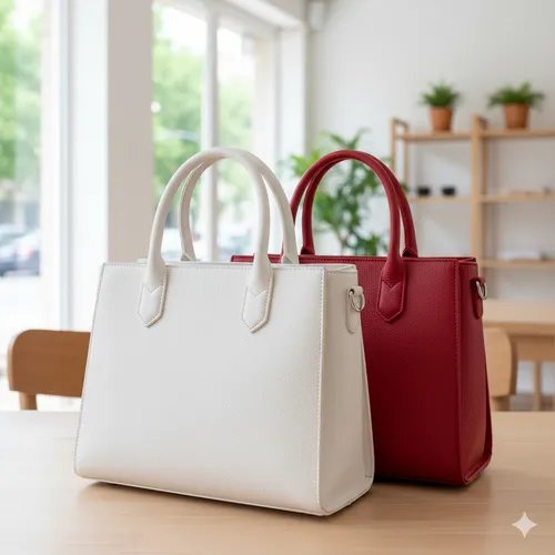 กระเป๋าถือหนัง PU สองใบ สีขาวและสีแดง วางอยู่บนโต๊ะไม้ในร้านค้า