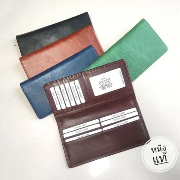 กระเป๋าสตางค์ใบยาวหนังแท้ ชนิดหนังออย สีน้ำตาลเข้ม โชว์ช่องใส่บัตร 13 ช่องด้านใน