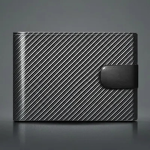 กระเป๋าสตางค์โลหะลายทางเฉียงสีเงิน/ดำ มีแถบปิดสีดำ