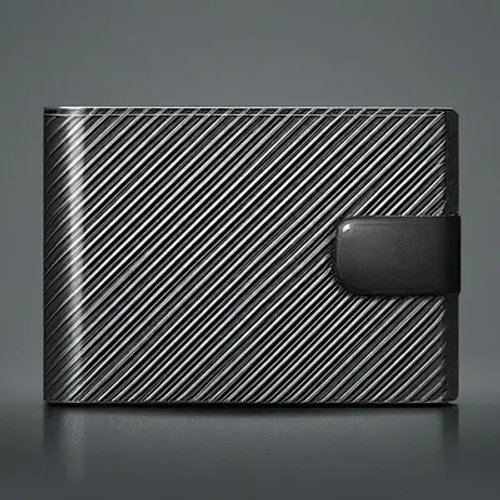 กระเป๋าสตางค์โลหะลายทางเฉียงสีเงิน/ดำ มีแถบปิดสีดำ