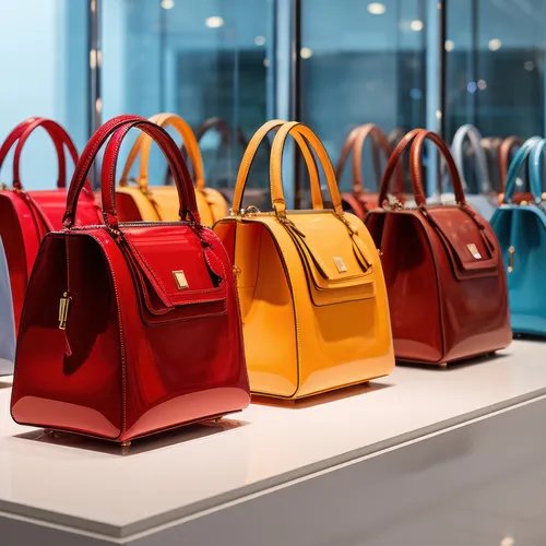 กระเป๋าถือหรูหราหลากสีสันวางเรียงกัน