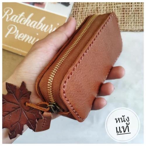 กระเป๋าหนังแท้ฟอกฝาดอิตาลีสีน้ำตาลธรรมชาติ ทรงยาวซิปรูด สำหรับใส่เหรียญและบัตร งานแฮนด์เมด - 08