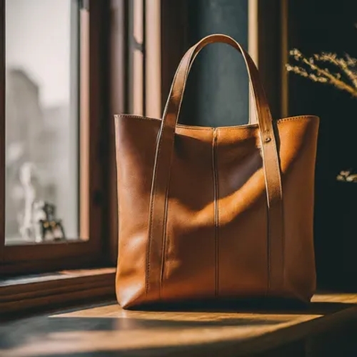 กระเป๋าโท้ทหนังแท้สีน้ำตาลทรงตั้ง วางบนขอบหน้าต่างไม้ท่ามกลางแสงแดดธรรมชาติ