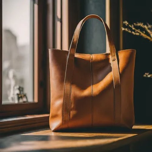 กระเป๋าโท้ทหนังสีน้ำตาลวางอยู่บนโต๊ะไม้ข้างหน้าต่าง แสงแดดส่องกระทบเผยรายละเอียดของหนัง