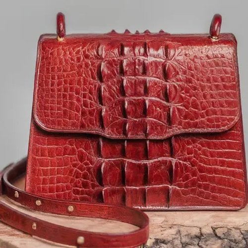 กระเป๋าถือหนังจระเข้สีแดงเข้มวางอยู่บนพื้นผิวไม้ เผยให้เห็นลวดลายหนังจระเข้ที่ชัดเจนและสายสะพาย