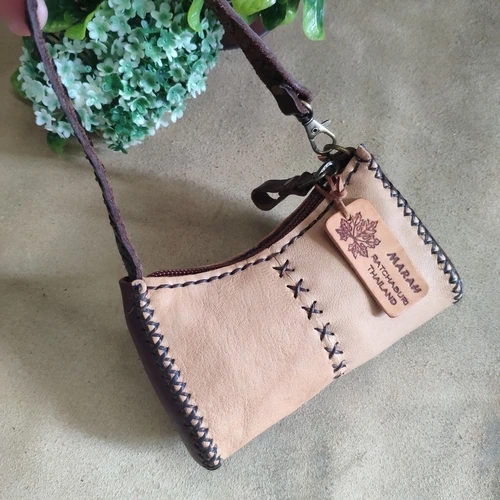 กระเป๋าใส่เหรียญหนังแท้ สีน้ำตาล งานแฮนด์เมด ใบเล็กใส่บัตร ATM ได้ - 03