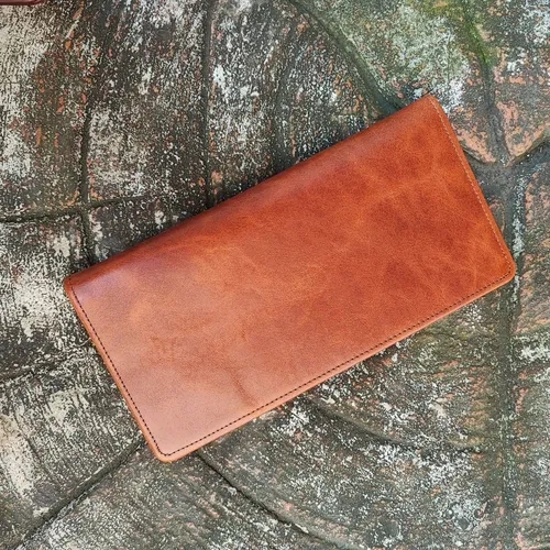 กระเป๋าสตางค์ใบยาวหนังแท้ ชนิดหนังออย สีน้ำตาลเข้ม โชว์ช่องใส่บัตร 13 ช่องด้านใน - 06